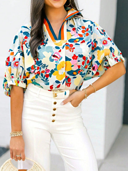 Boho Retro Vintage Viscose 90's Khaki Beige Apricot Ruffle V Neck Half Sleeve Loose Top Shirt Blouse