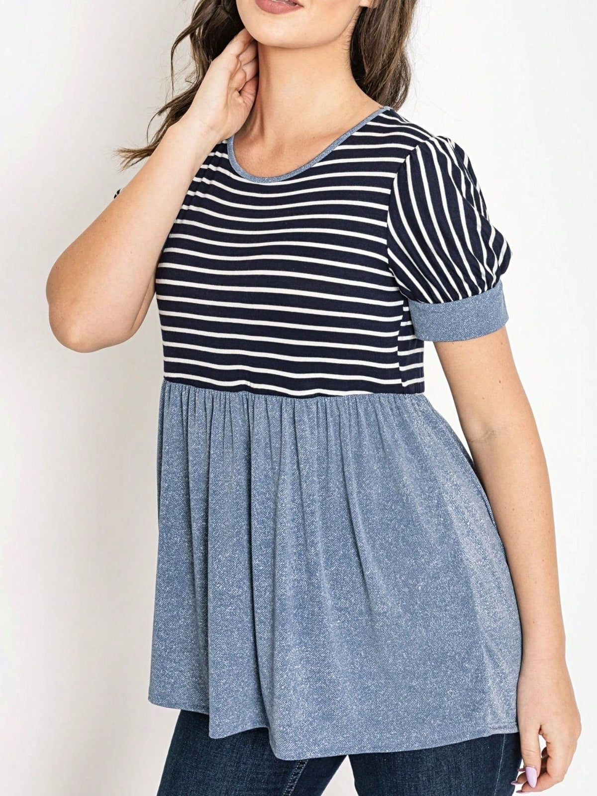 Boho Retro Baby Doll Ivory Navy Blue Floral Color Block Tunic Top Shirt