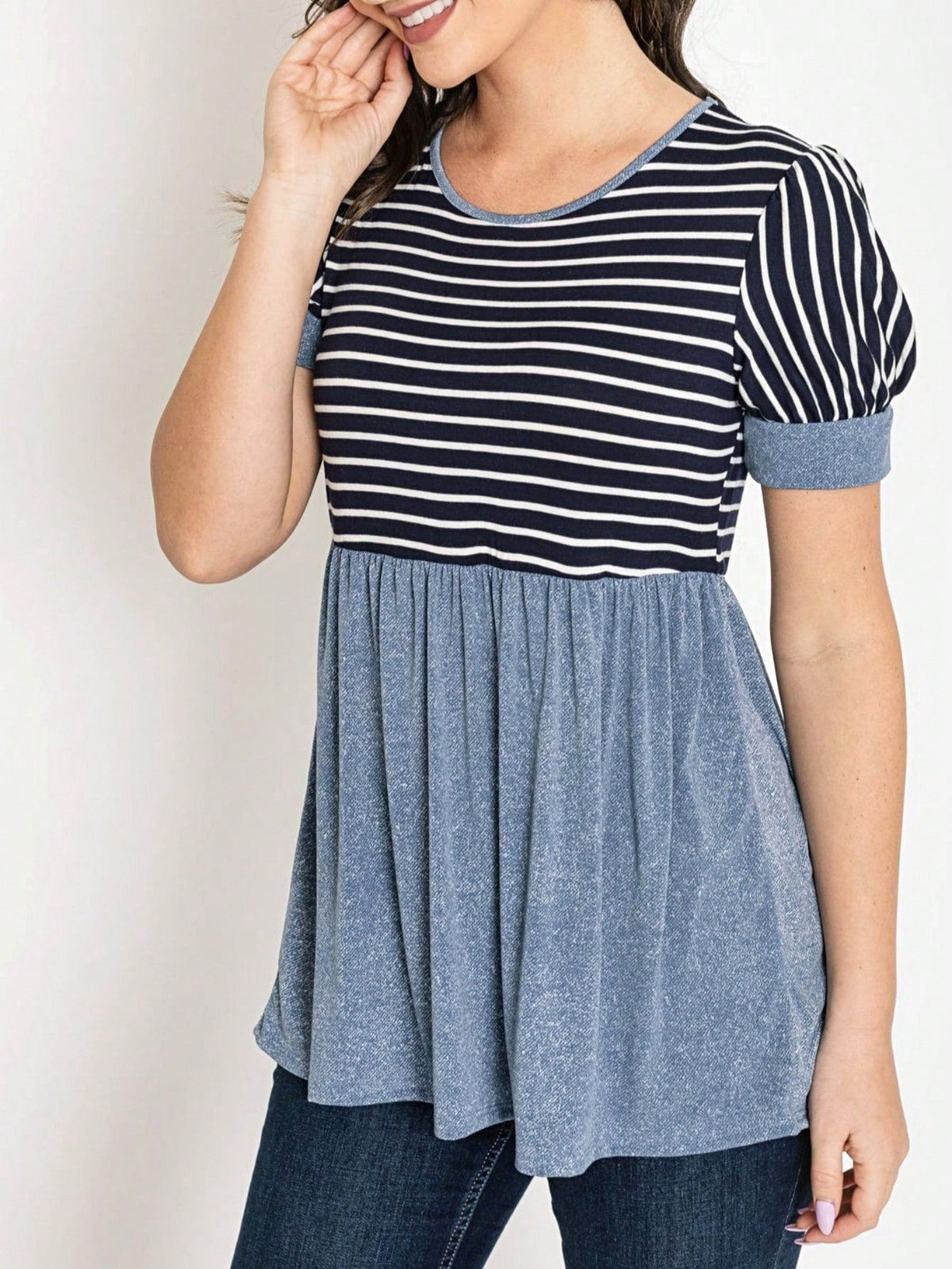 Boho Retro Baby Doll Ivory Navy Blue Floral Color Block Tunic Top Shirt