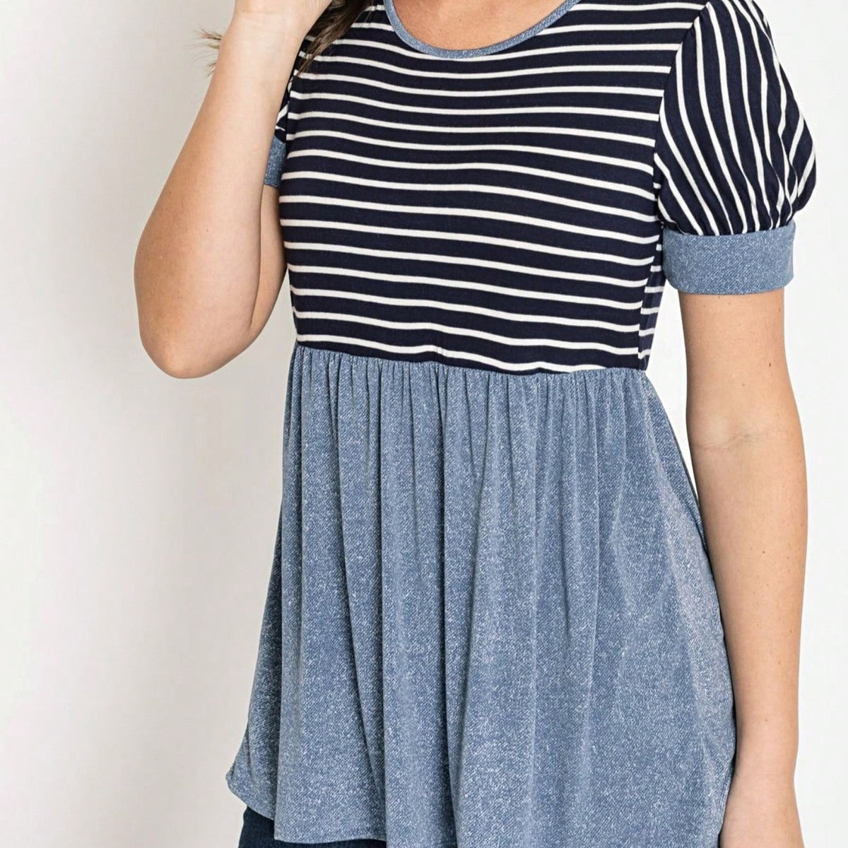 Boho Retro Baby Doll Ivory Navy Blue Floral Color Block Tunic Top Shirt