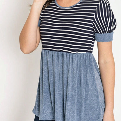 Boho Retro Baby Doll Ivory Navy Blue Floral Color Block Tunic Top Shirt