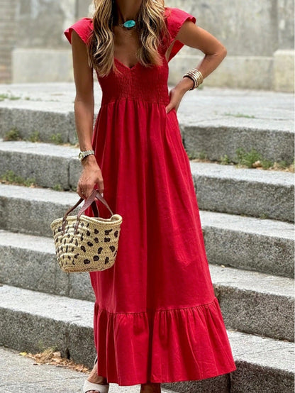 Boho Vacation Cotton Wavy White Elegant Tiered Maxi Long Shirt  Dress With Drawstring  Versatile Summer Dress For Women