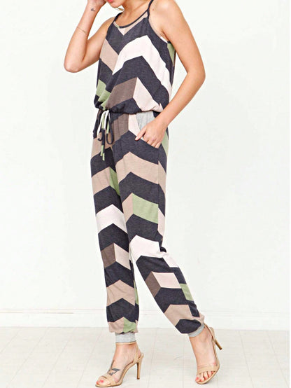 Boho Casual Teal Navy Blue Stripe Tank Cami Spaghetti Strap Wide Leg Jumpsuit Small To 3 XL PLUS