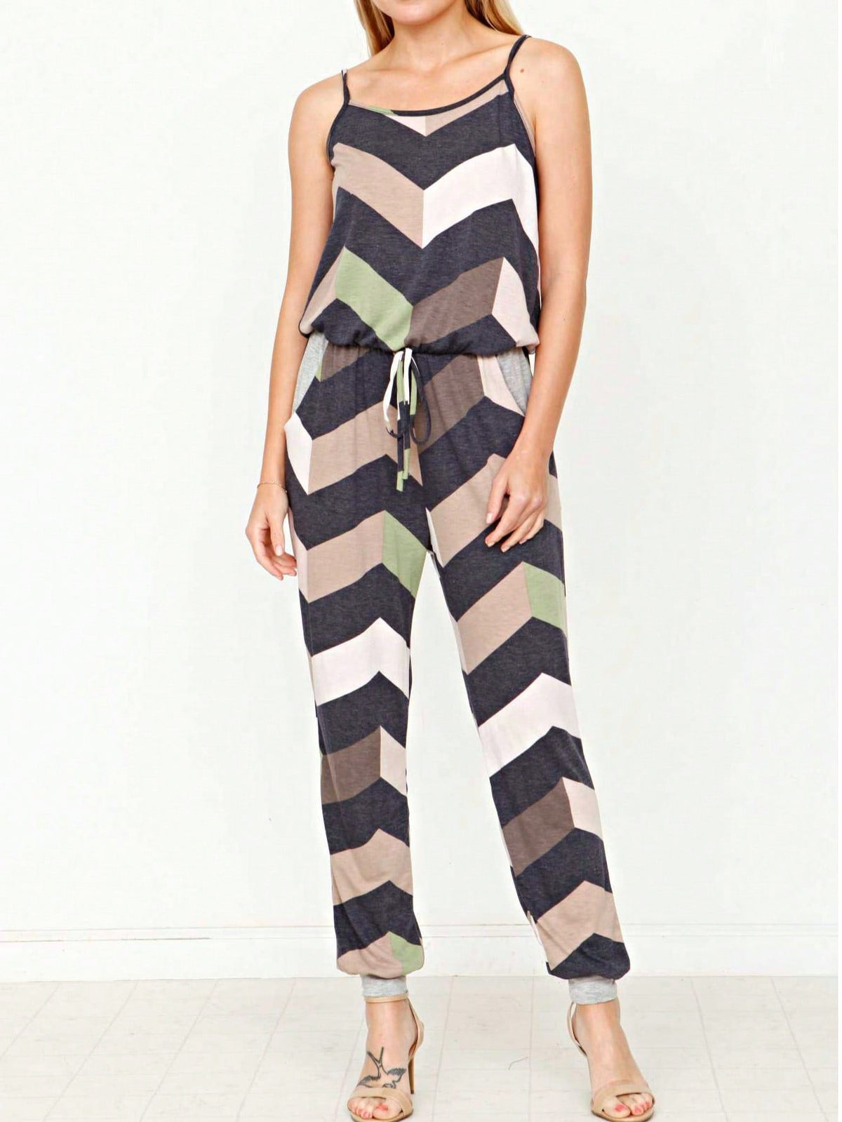 Boho Casual Teal Navy Blue Stripe Tank Cami Spaghetti Strap Wide Leg Jumpsuit Small To 3 XL PLUS