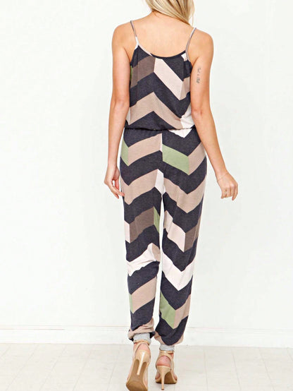 Boho Casual Teal Navy Blue Stripe Tank Cami Spaghetti Strap Wide Leg Jumpsuit Small To 3 XL PLUS