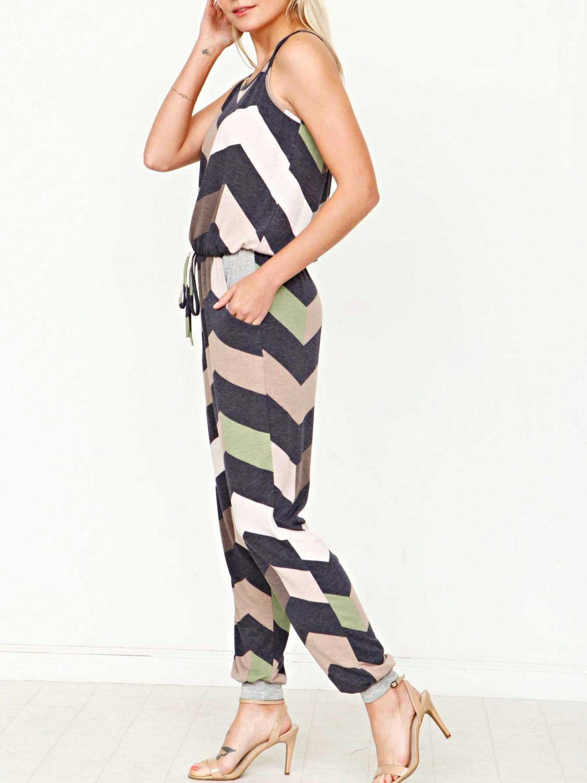 Boho Casual Teal Navy Blue Stripe Tank Cami Spaghetti Strap Wide Leg Jumpsuit Small To 3 XL PLUS