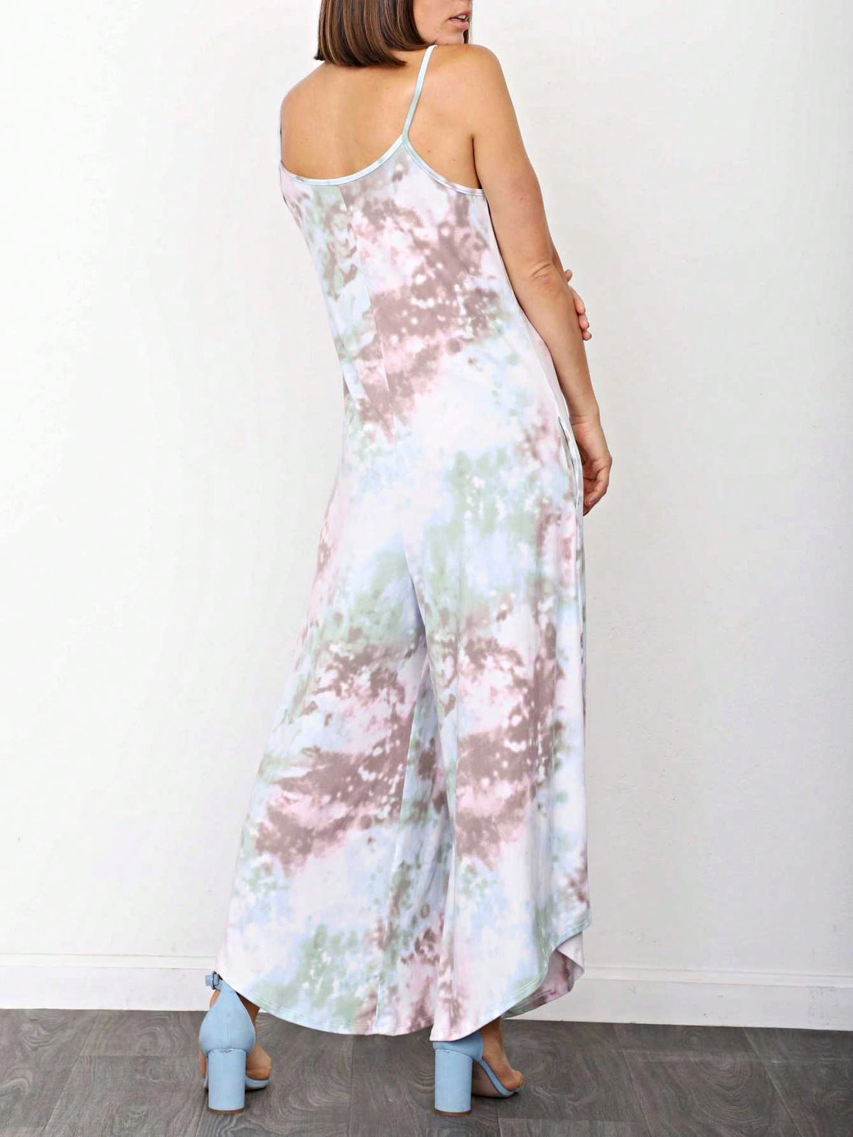 Boho Casual Teal Navy Blue Stripe Tank Cami Spaghetti Strap Wide Leg Jumpsuit Small To 3 XL PLUS
