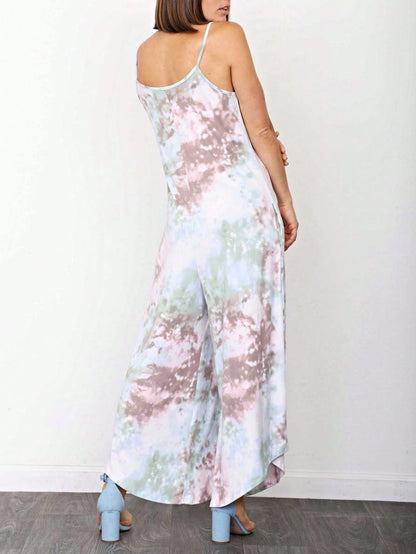Boho Casual Teal Navy Blue Stripe Tank Cami Spaghetti Strap Wide Leg Jumpsuit Small To 3 XL PLUS