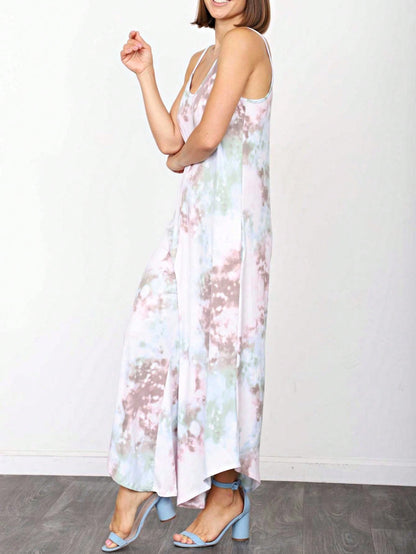Boho Casual Teal Navy Blue Stripe Tank Cami Spaghetti Strap Wide Leg Jumpsuit Small To 3 XL PLUS