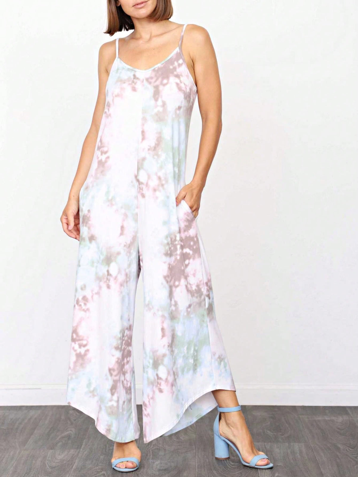 Boho Casual Teal Navy Blue Stripe Tank Cami Spaghetti Strap Wide Leg Jumpsuit Small To 3 XL PLUS