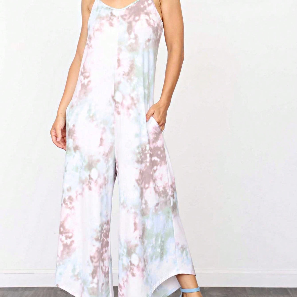 Boho Casual Teal Navy Blue Stripe Tank Cami Spaghetti Strap Wide Leg Jumpsuit Small To 3 XL PLUS