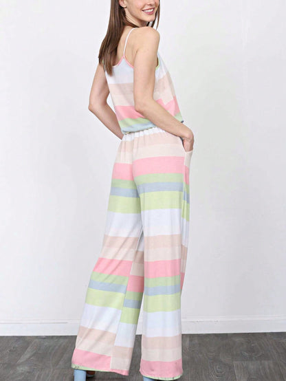 Boho Casual Teal Navy Blue Stripe Tank Cami Spaghetti Strap Wide Leg Jumpsuit Small To 3 XL PLUS