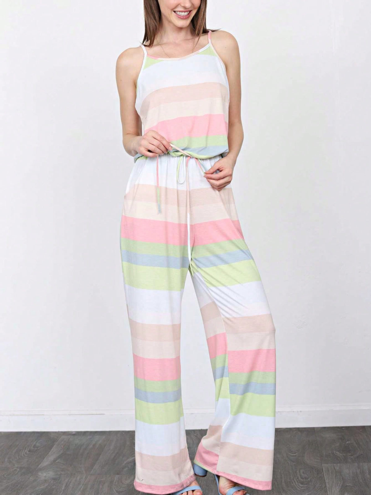 Boho Casual Teal Navy Blue Stripe Tank Cami Spaghetti Strap Wide Leg Jumpsuit Small To 3 XL PLUS