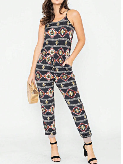 Boho Casual Teal Navy Blue Stripe Tank Cami Spaghetti Strap Wide Leg Jumpsuit Small To 3 XL PLUS