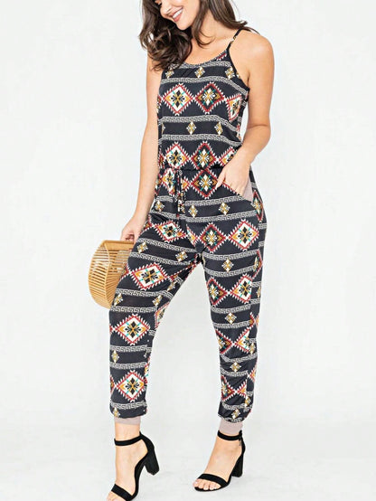 Boho Casual Teal Navy Blue Stripe Tank Cami Spaghetti Strap Wide Leg Jumpsuit Small To 3 XL PLUS