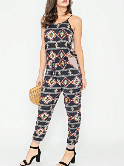 Boho Casual Teal Navy Blue Stripe Tank Cami Spaghetti Strap Wide Leg Jumpsuit Small To 3 XL PLUS
