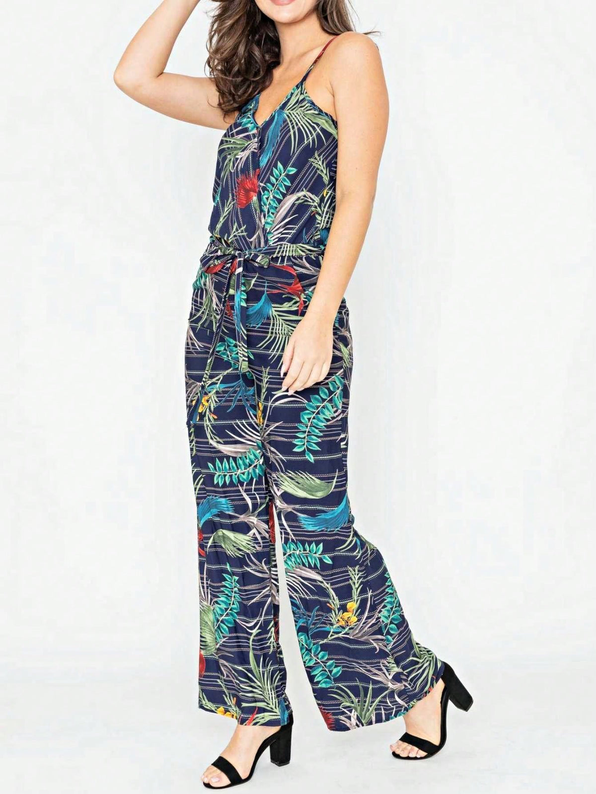Boho Casual Teal Navy Blue Stripe Tank Cami Spaghetti Strap Wide Leg Jumpsuit Small To 3 XL PLUS