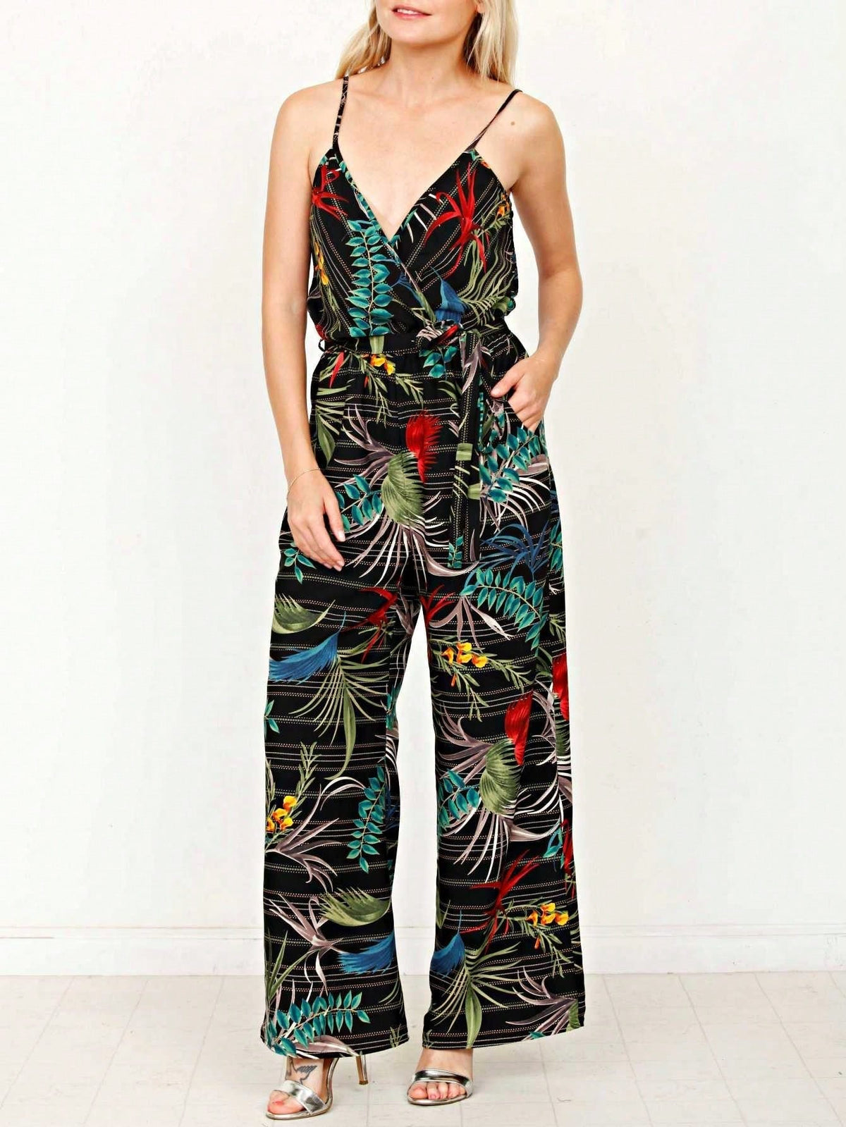 Boho Casual Teal Navy Blue Stripe Tank Cami Spaghetti Strap Wide Leg Jumpsuit Small To 3 XL PLUS