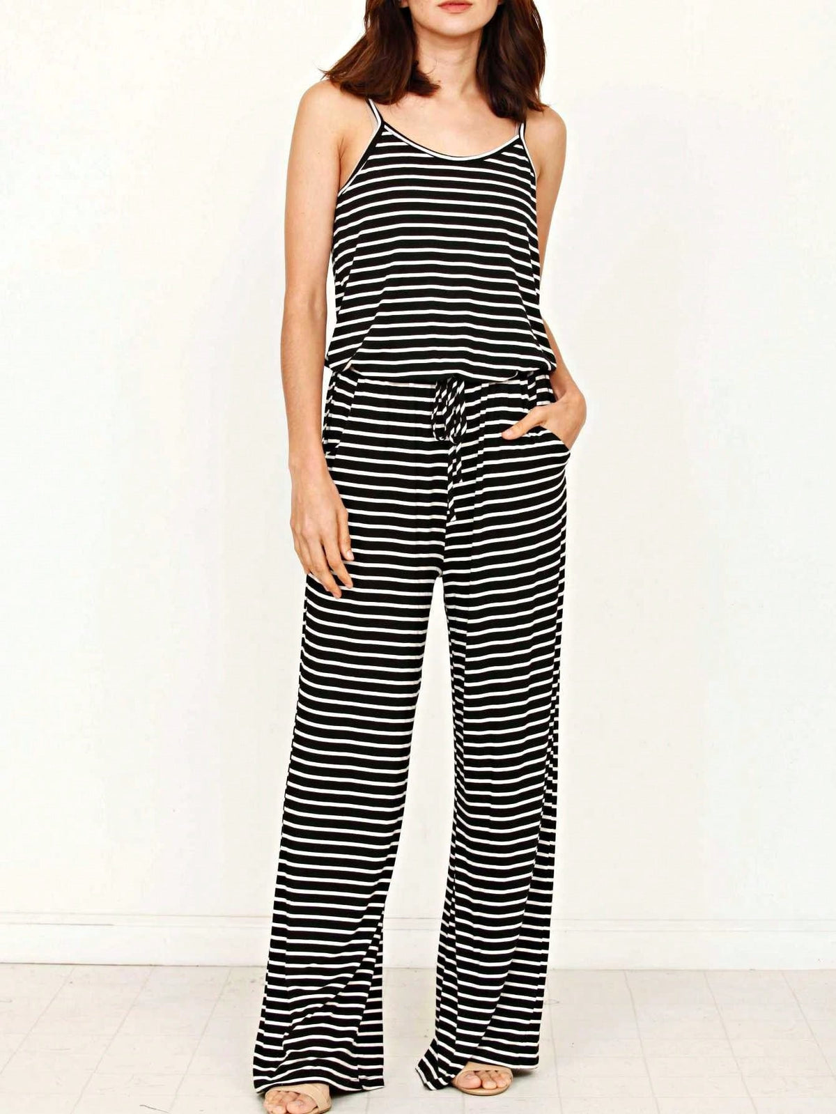 Boho Casual Teal Navy Blue Stripe Tank Cami Spaghetti Strap Wide Leg Jumpsuit Small To 3 XL PLUS