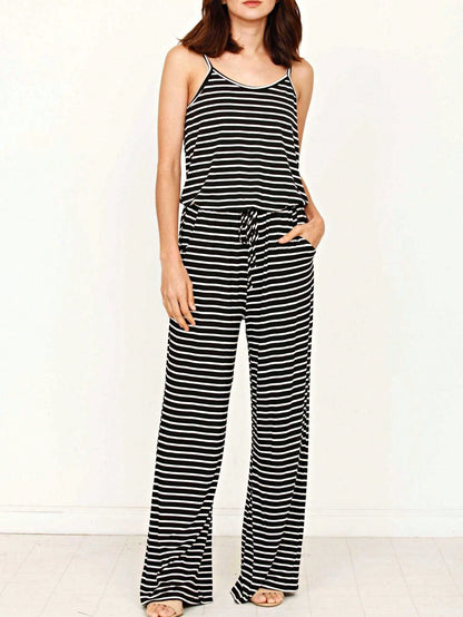 Boho Casual Teal Navy Blue Stripe Tank Cami Spaghetti Strap Wide Leg Jumpsuit Small To 3 XL PLUS