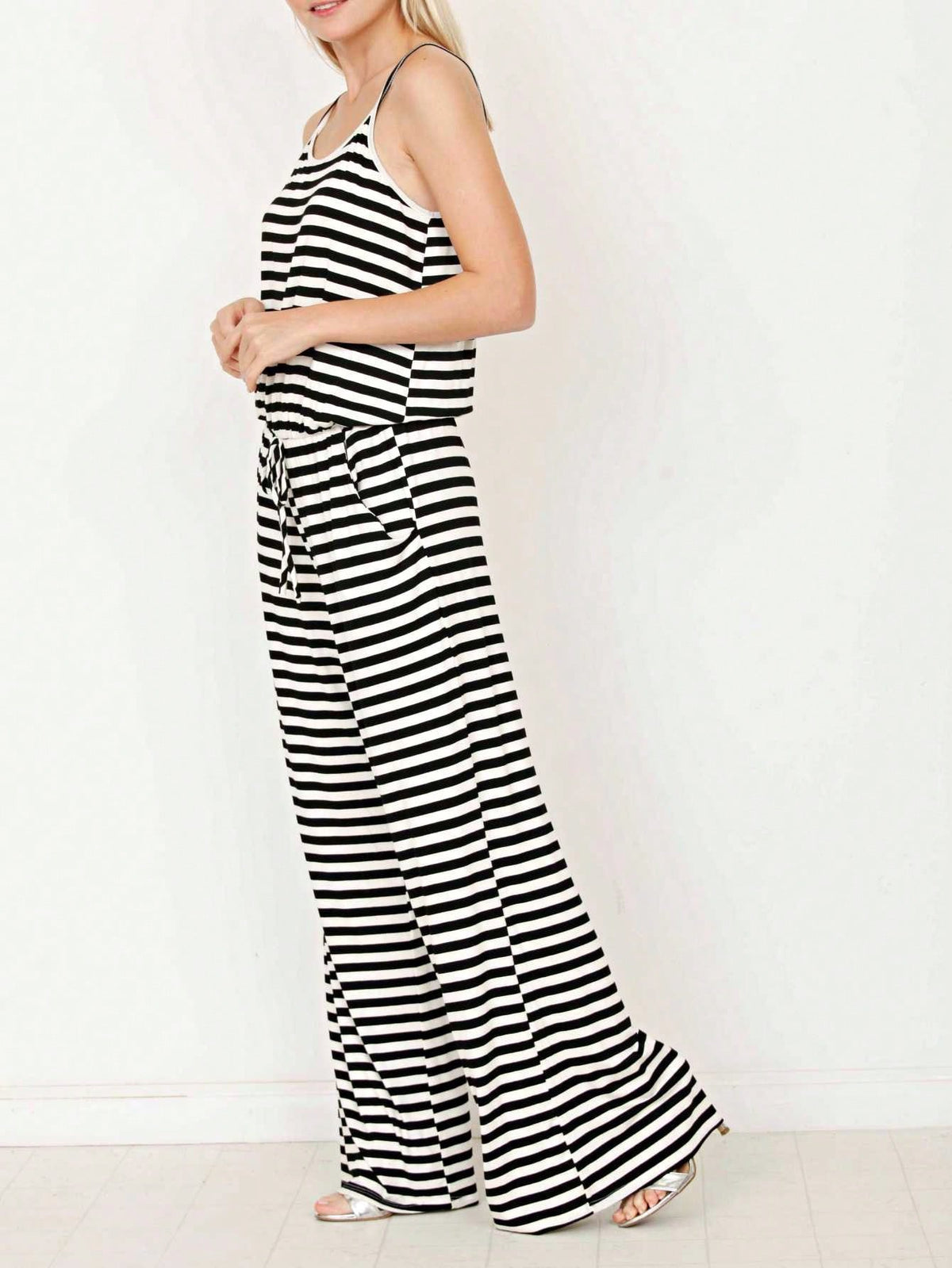 Boho Casual Teal Navy Blue Stripe Tank Cami Spaghetti Strap Wide Leg Jumpsuit Small To 3 XL PLUS