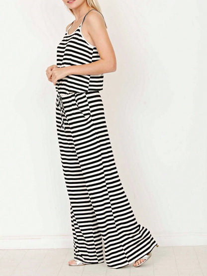 Boho Casual Teal Navy Blue Stripe Tank Cami Spaghetti Strap Wide Leg Jumpsuit Small To 3 XL PLUS