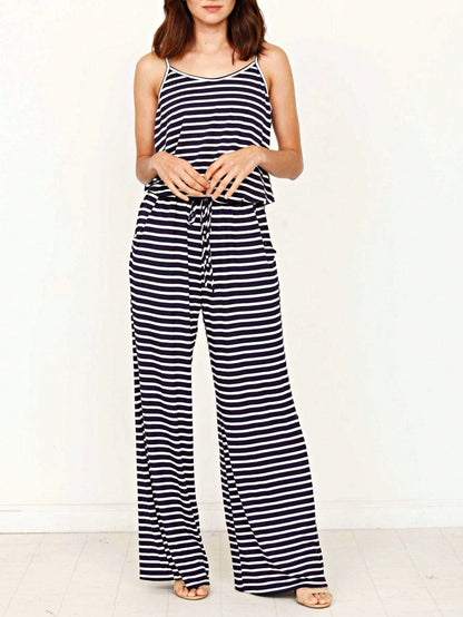 Boho Casual Teal Navy Blue Stripe Tank Cami Spaghetti Strap Wide Leg Jumpsuit Small To 3 XL PLUS