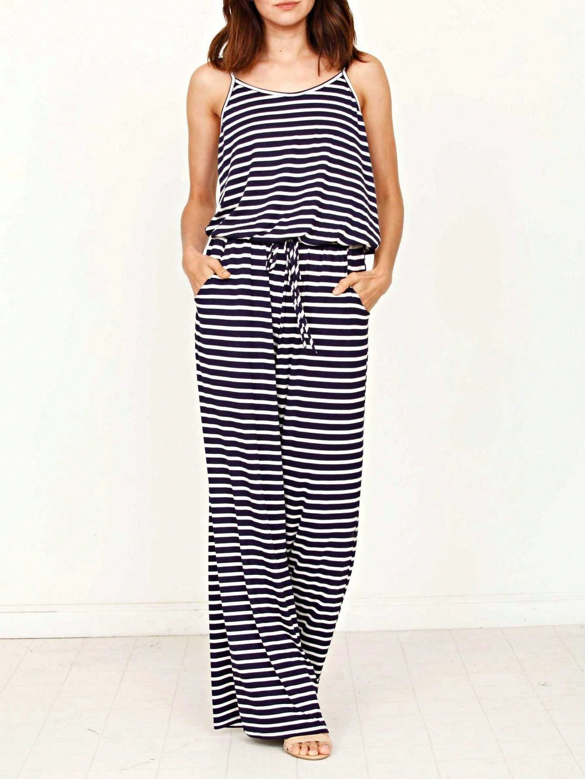 Boho Casual Teal Navy Blue Stripe Tank Cami Spaghetti Strap Wide Leg Jumpsuit Small To 3 XL PLUS