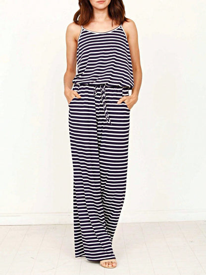 Boho Casual Teal Navy Blue Stripe Tank Cami Spaghetti Strap Wide Leg Jumpsuit Small To 3 XL PLUS