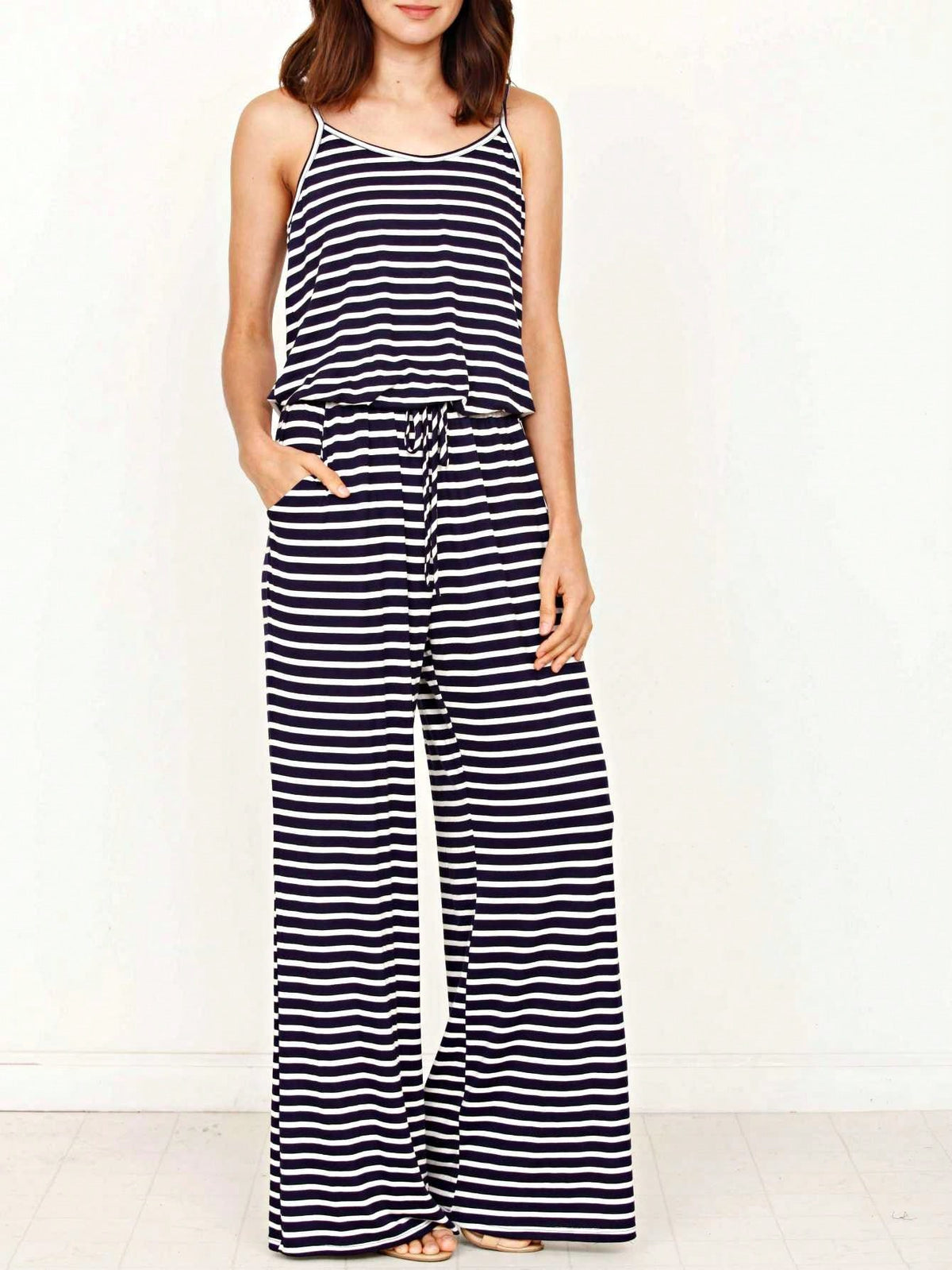 Boho Casual Teal Navy Blue Stripe Tank Cami Spaghetti Strap Wide Leg Jumpsuit Small To 3 XL PLUS