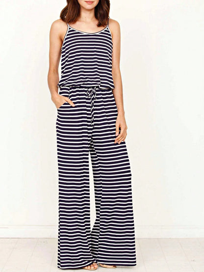 Boho Casual Teal Navy Blue Stripe Tank Cami Spaghetti Strap Wide Leg Jumpsuit Small To 3 XL PLUS