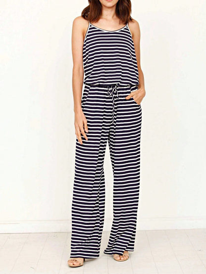 Boho Casual Teal Navy Blue Stripe Tank Cami Spaghetti Strap Wide Leg Jumpsuit Small To 3 XL PLUS