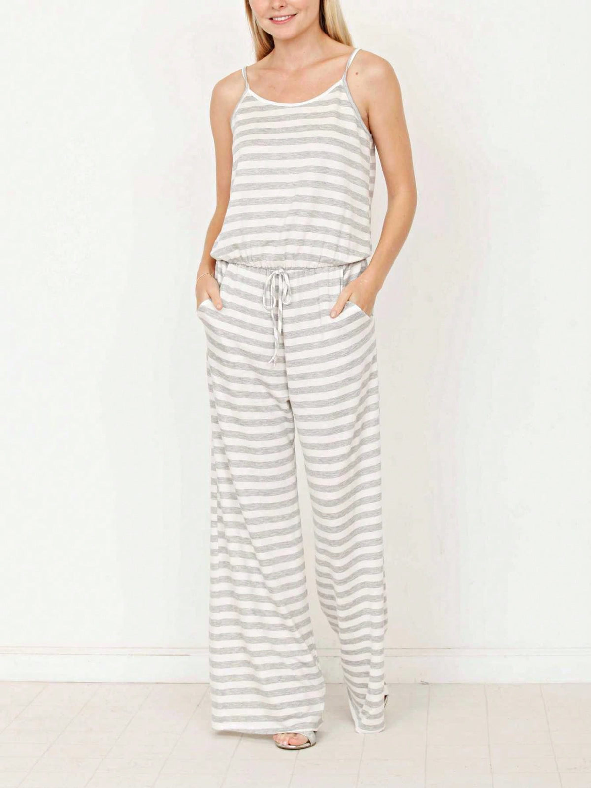 Boho Casual Teal Navy Blue Stripe Tank Cami Spaghetti Strap Wide Leg Jumpsuit Small To 3 XL PLUS