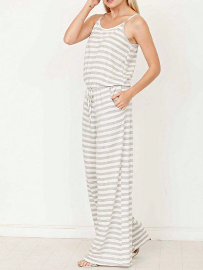 Boho Casual Teal Navy Blue Stripe Tank Cami Spaghetti Strap Wide Leg Jumpsuit Small To 3 XL PLUS