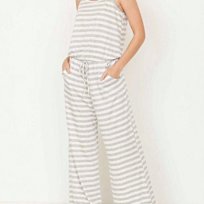 Boho Casual Teal Navy Blue Stripe Tank Cami Spaghetti Strap Wide Leg Jumpsuit Small To 3 XL PLUS