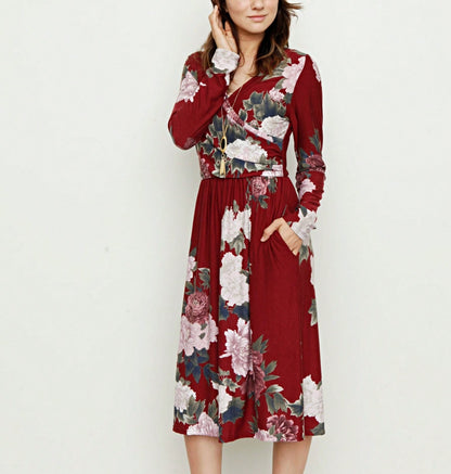 Boho Retro Sage Navy Pink Black Ditsy Floral Surplice Deep V Neck Band Waist Shirring Soft Swing Dress Small To 3 XL Plus