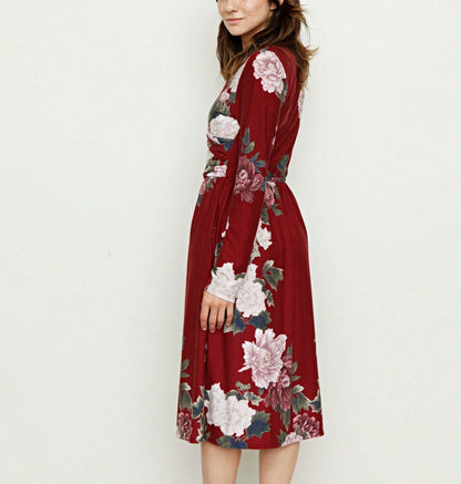 Boho Retro Sage Navy Pink Black Ditsy Floral Surplice Deep V Neck Band Waist Shirring Soft Swing Dress Small To 3 XL Plus