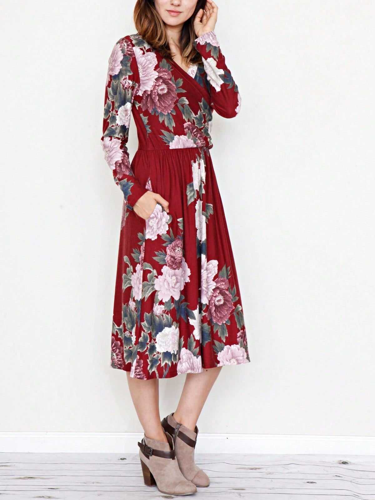 Boho Retro Sage Navy Pink Black Ditsy Floral Surplice Deep V Neck Band Waist Shirring Soft Swing Dress Small To 3 XL Plus