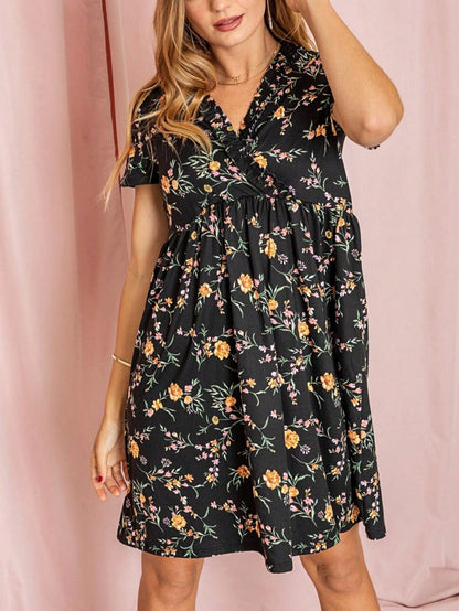 Boho Retro Sage Navy Pink Black Ditsy Floral Surplice Deep V Neck Band Waist Shirring Soft Swing Dress Small To 3 XL Plus