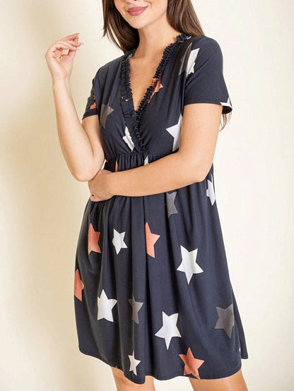 Boho Retro Sage Navy Pink Black Ditsy Floral Surplice Deep V Neck Band Waist Shirring Soft Swing Dress Small To 3 XL Plus