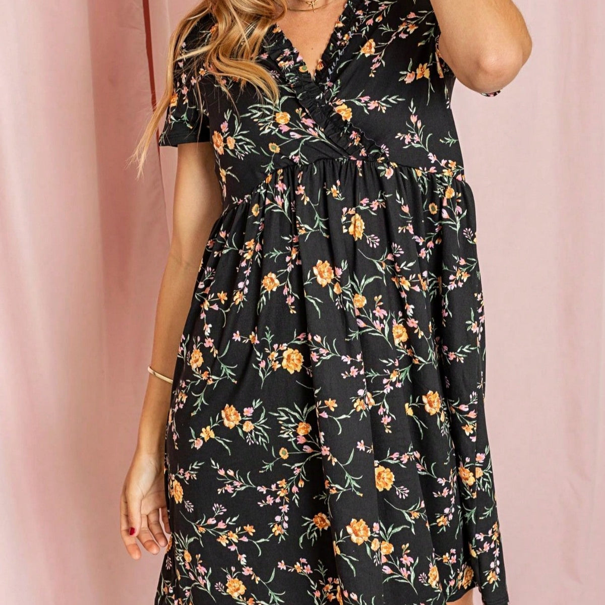 Boho Retro Sage Navy Pink Black Ditsy Floral Surplice Deep V Neck Band Waist Shirring Soft Swing Dress Small To 3 XL Plus