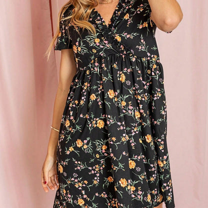 Boho Retro Sage Navy Pink Black Ditsy Floral Surplice Deep V Neck Band Waist Shirring Soft Swing Dress Small To 3 XL Plus