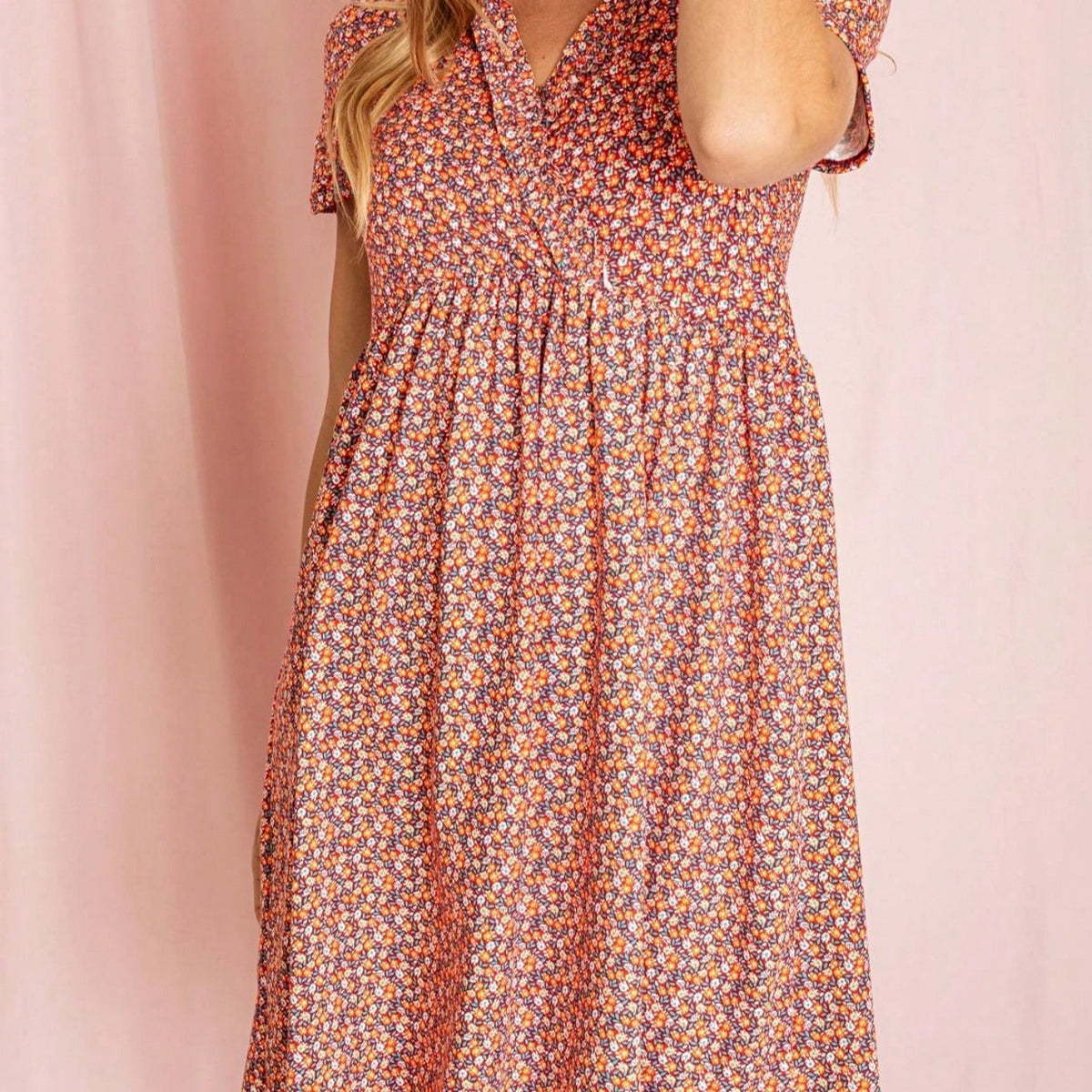 Boho Retro Sage Navy Pink Black Ditsy Floral Surplice Deep V Neck Band Waist Shirring Soft Swing Dress Small To 3 XL Plus