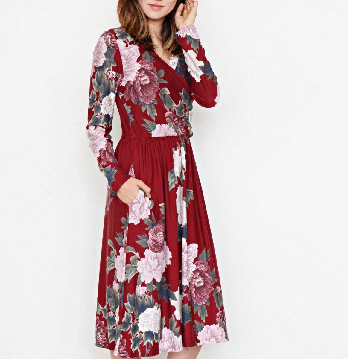 Boho Retro Sage Navy Pink Black Ditsy Floral Surplice Deep V Neck Band Waist Shirring Soft Swing Dress Small To 3 XL Plus