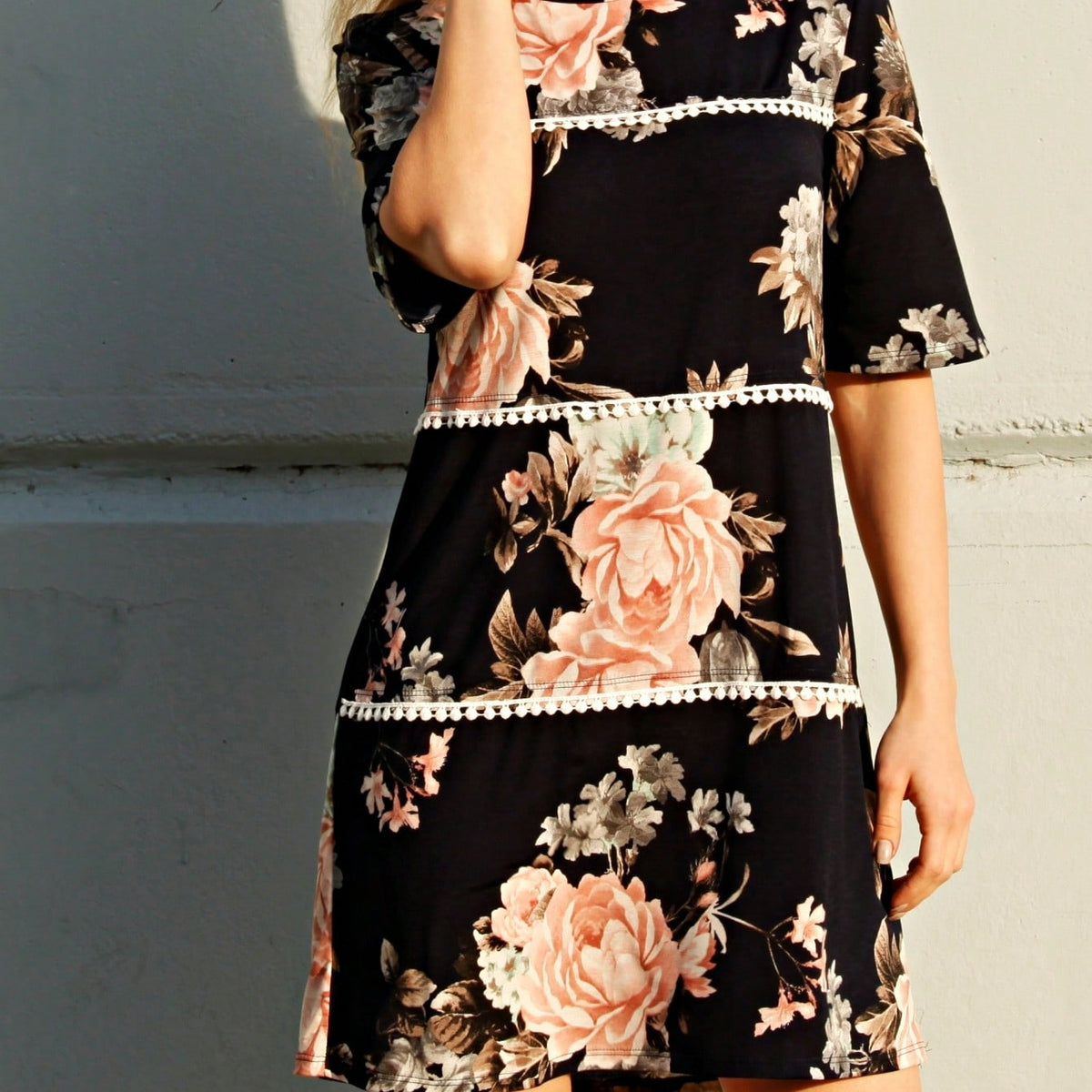 Boho Retro Vintage 60's Vibe Black Floral Tiered PomPom Trimmed Mini Dress