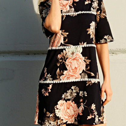 Boho Retro Vintage 60's Vibe Black Floral Tiered PomPom Trimmed Mini Dress