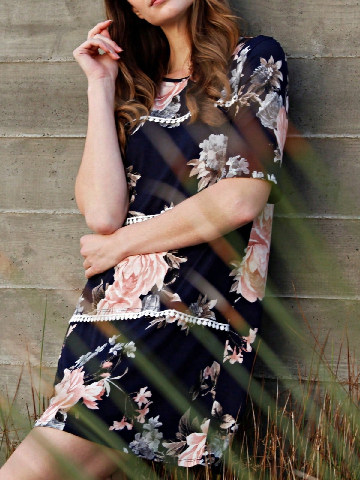 Boho Retro Vintage 60's Vibe Black Floral Tiered PomPom Trimmed Mini Dress