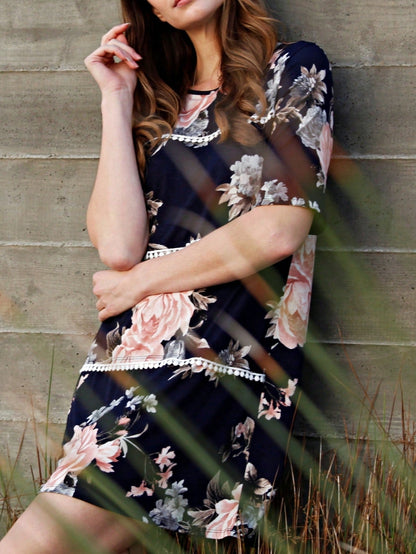 Boho Retro Vintage 60's Vibe Black Floral Tiered PomPom Trimmed Mini Dress