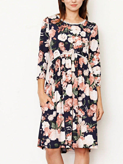 Boho Retro Vintage 60's Vibe Black Floral Tiered PomPom Trimmed Mini Dress