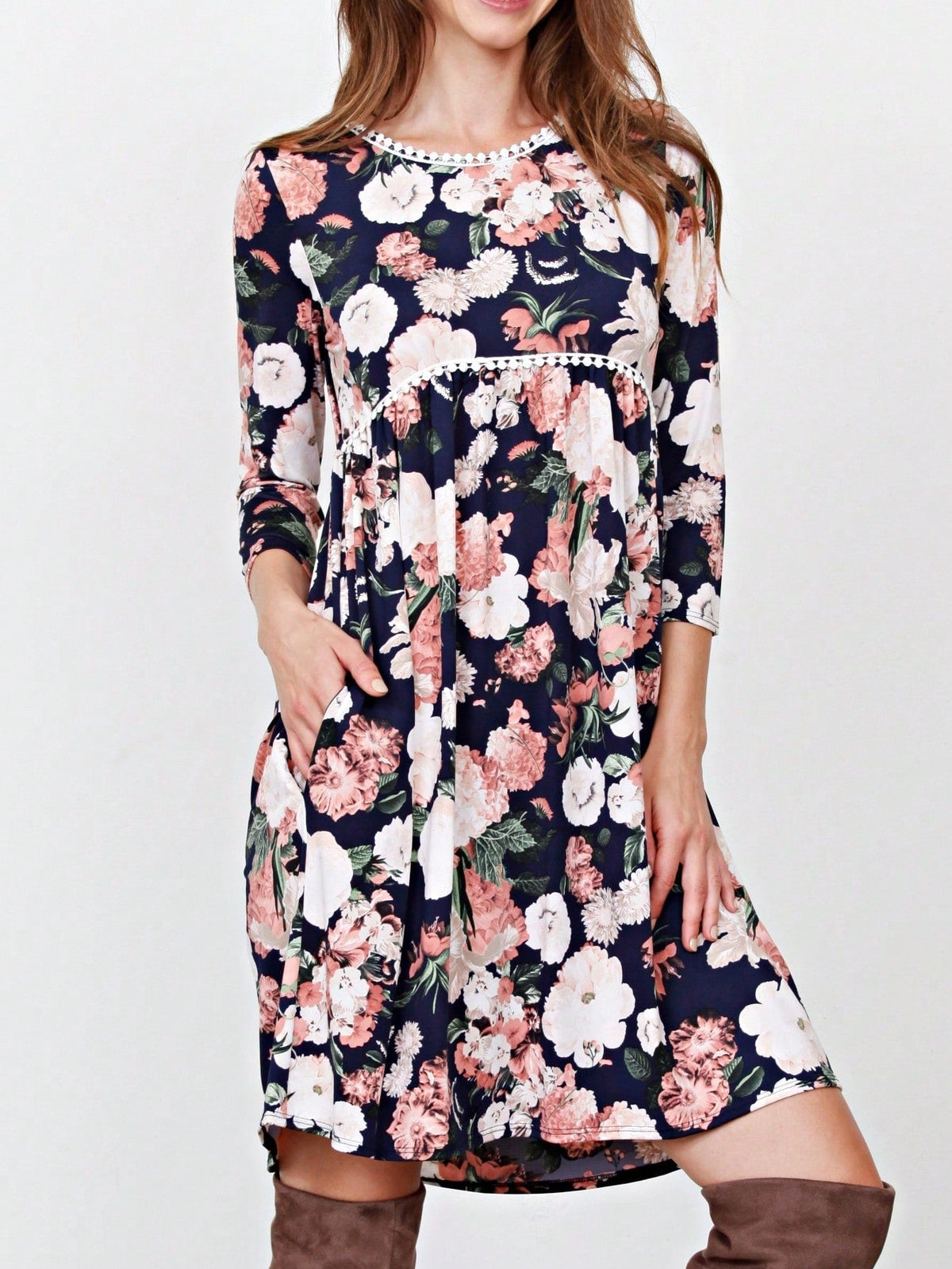 Boho Retro Vintage 60's Vibe Black Floral Tiered PomPom Trimmed Mini Dress